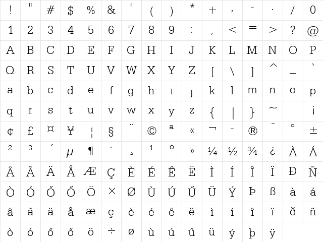 Huni_Serifa Lt BT Regular Character Map Huni_Serifa Lt BT Regular Character Map