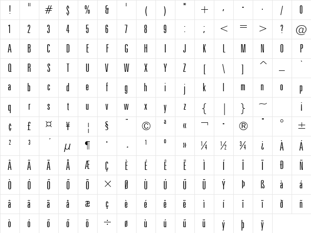 Huni_Swiss 742 LtXCn BT Regular Character Map