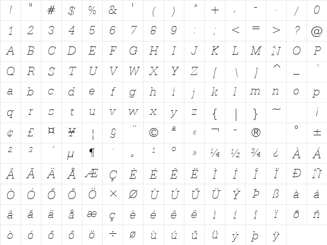 Huni_Serifa Th BT Italic Regular Character Map Huni_Serifa Th BT Italic Regular Character Map