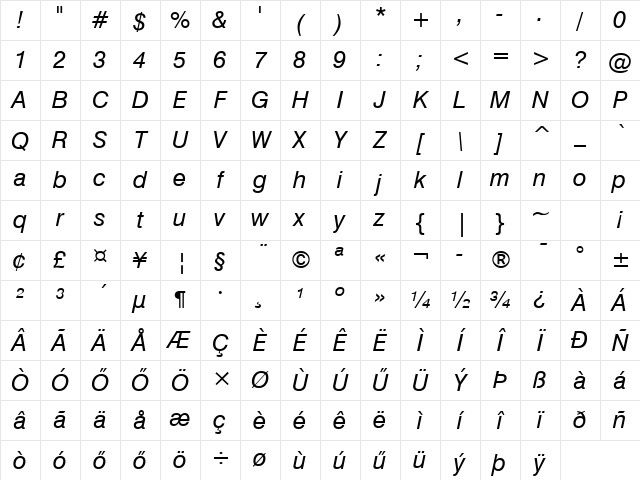 Huni_Swiss 733 WS Italic Regular Character Map