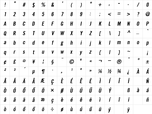 Huni_Trade Cn  BoldOblique Regular Character Map