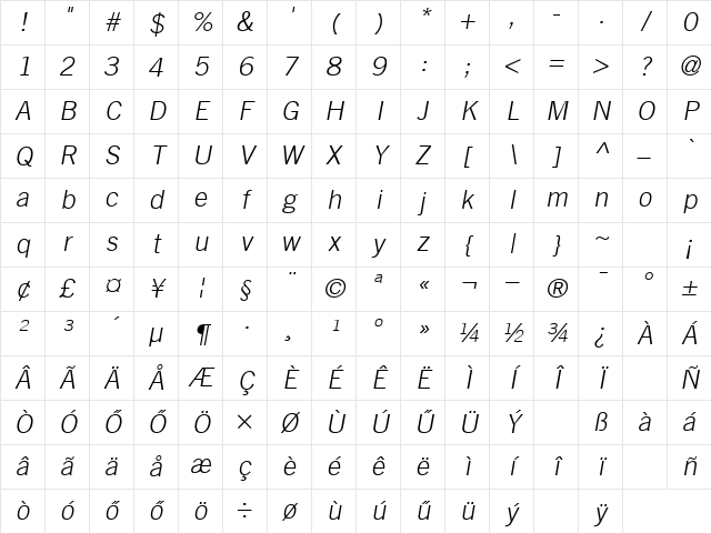 Huni_Trade Lt Oblique Regular Character Map Huni_Trade Lt Oblique Regular Character Map