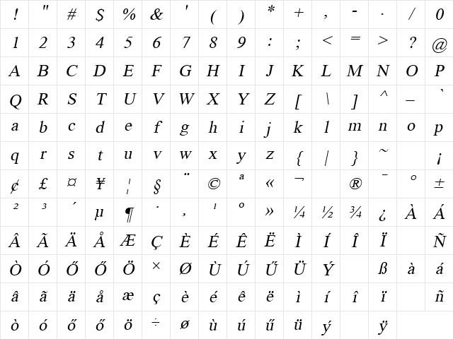 Huni_TimesNueve Oblique Regular Character Map