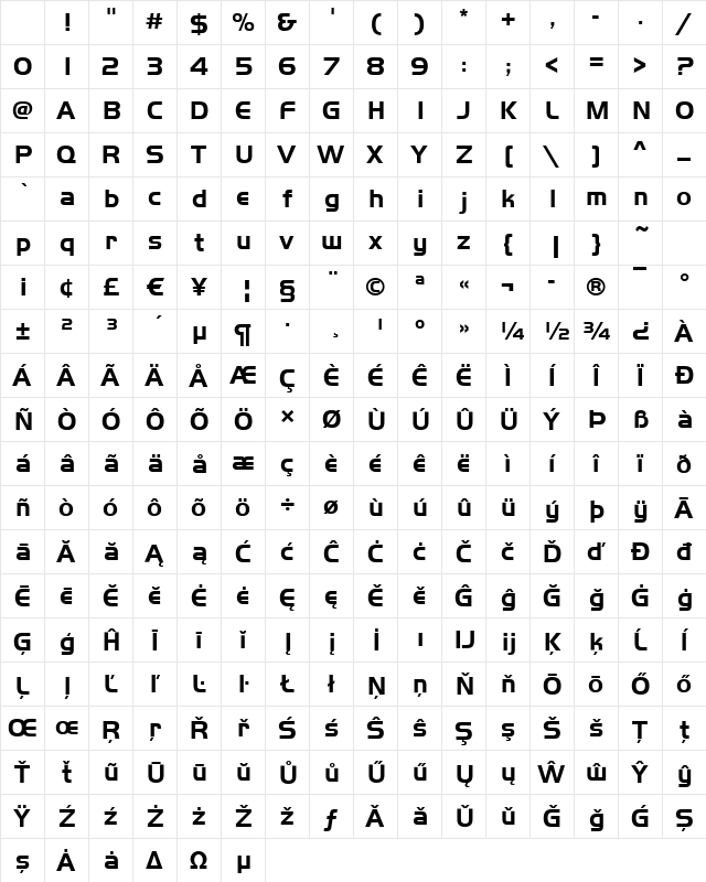 Huntington-Bold Regular Character Map Huntington-Bold Regular Character Map