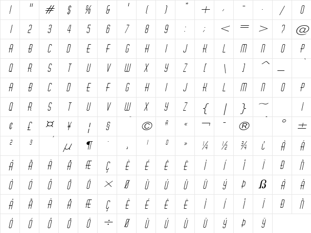 Hustle Wide Italic Character Map