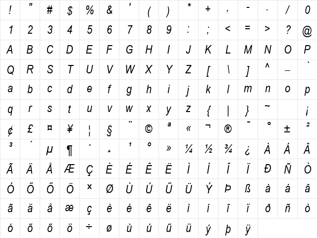 Hu_ArialNI Regular Character Map