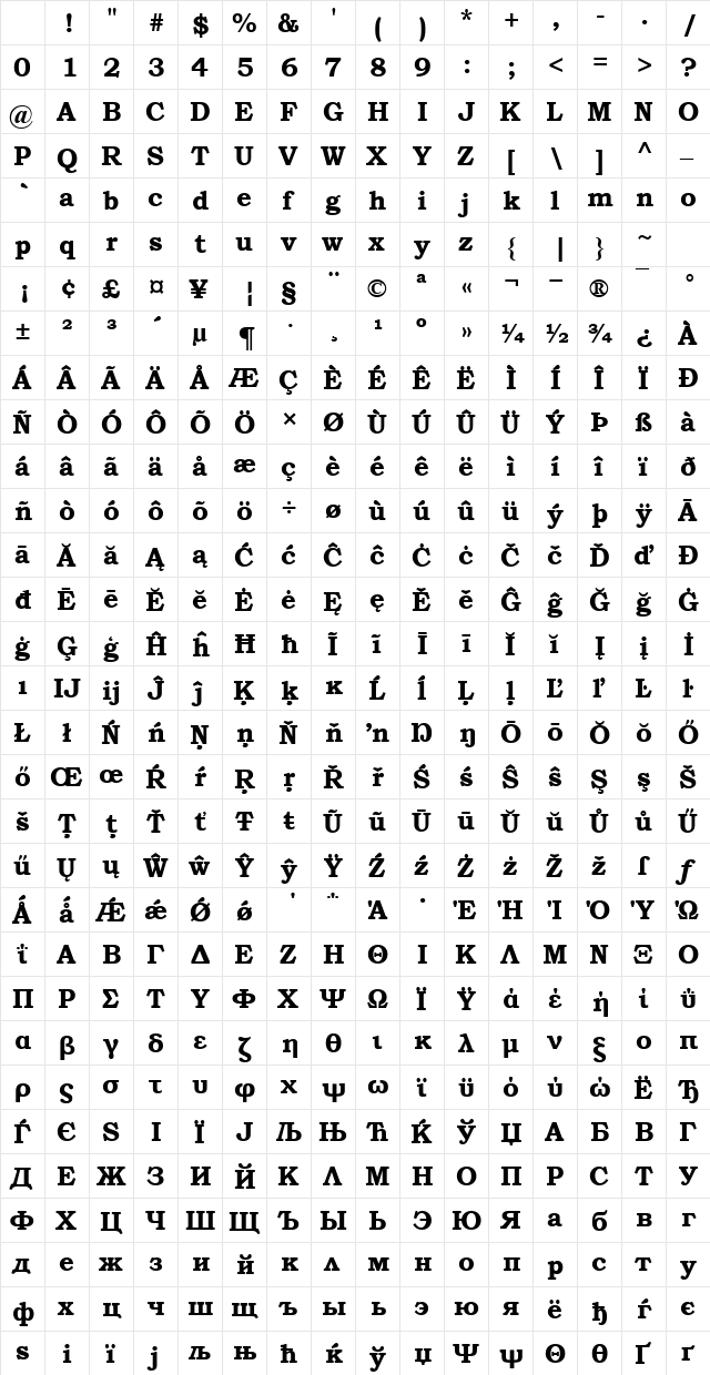 Hu_Bookman Old Style Win95 Regular Character Map
