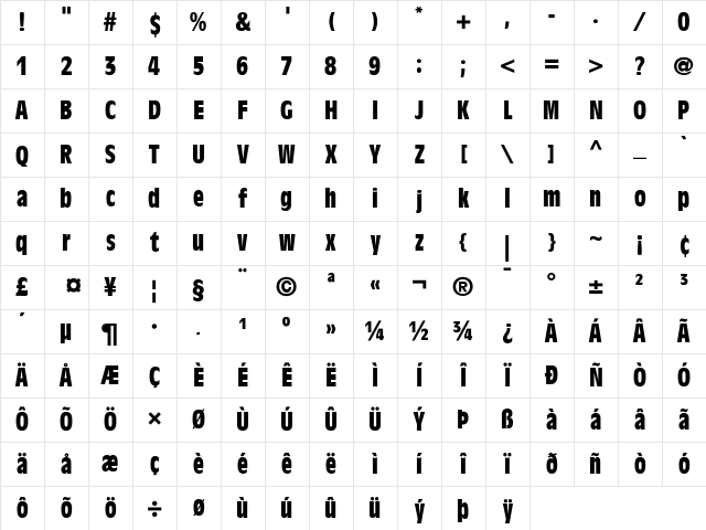 Antique Olive Bold Condensed Character Map