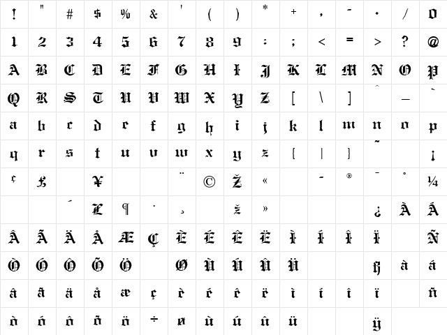 AntiqueBlack Regular Character Map