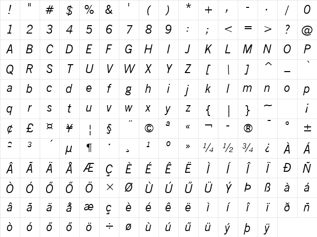 Hu_NewsGoth BT Italic Regular Character Map Hu_NewsGoth BT Italic Regular Character Map