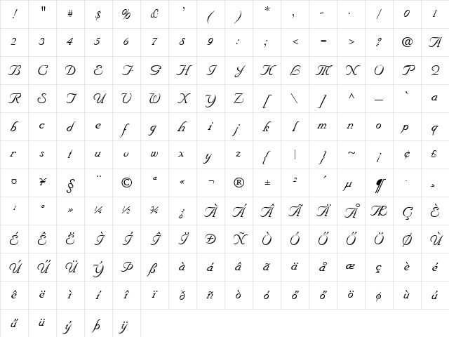 Hu_Nuance Italic Regular Character Map Hu_Nuance Italic Regular Character Map