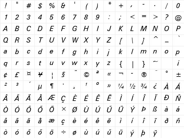 Hu_Swiss 742 BT Italic Regular Character Map