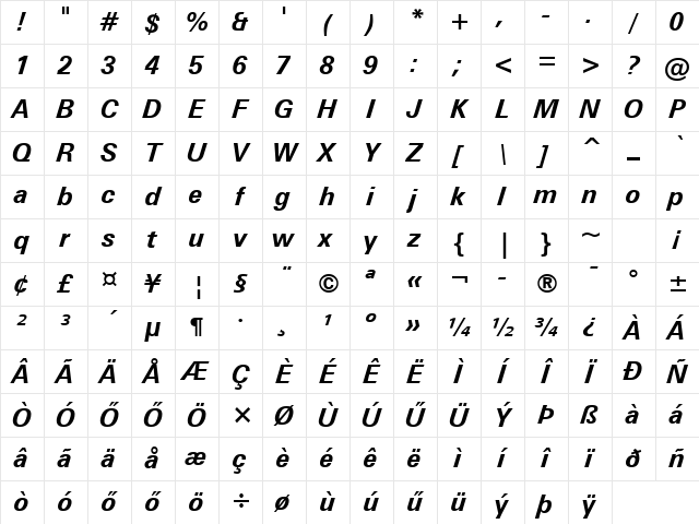 Hu_Swiss 742 BT BoldItalic Regular Character Map