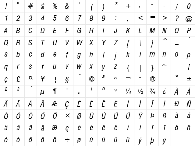 Hu_Swiss 733 Cn WS Italic Regular Character Map