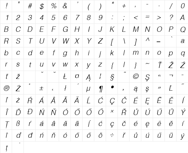 Hu_Switzerland Lt Italic Regular Character Map Hu_Switzerland Lt Italic Regular Character Map