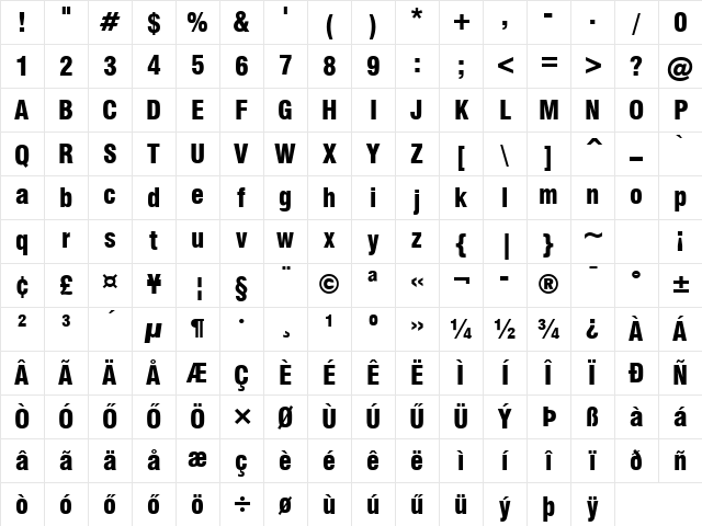 Hu_Swiss 733 BlkCn WS Regular Character Map