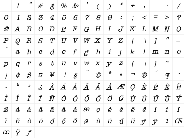 Hu_Typewriter Italic Regular Character Map Hu_Typewriter Italic Regular Character Map