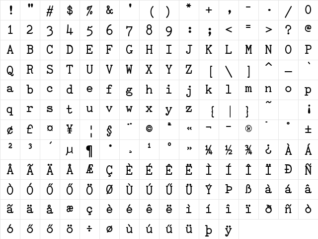 Hu_TiredOfCourier Bold Regular Character Map