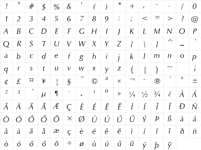Hu_ZapfHumnst BT Italic Regular Character Map
