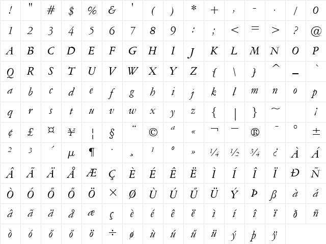 H_American Garamond BT Italic Character Map H_American Garamond BT Italic Character Map