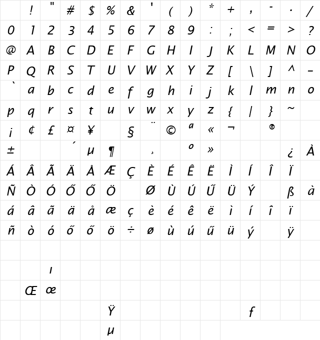 H_BLF Regular Character Map H_BLF Regular Character Map
