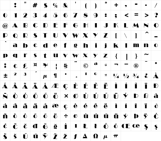 H_Broadway BT Regular Character Map