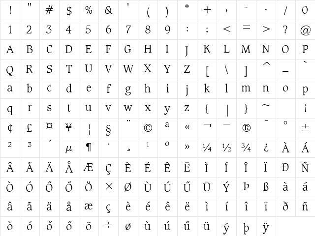 H_Caxton Light BT Regular Character Map H_Caxton Light BT Regular Character Map