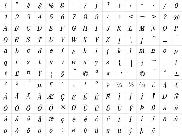H_Fenice BT Italic Character Map H_Fenice BT Italic Character Map