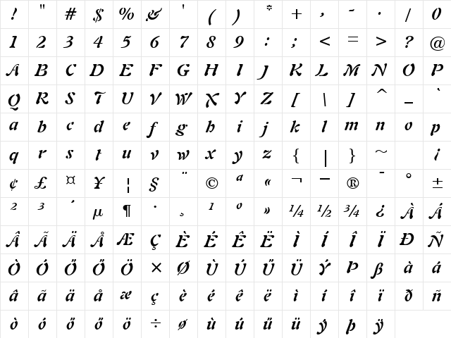 H_Freeform 721 BT BoldItalic Character Map