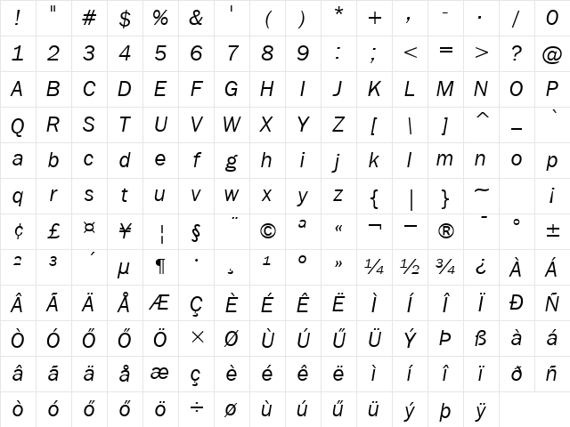 H_Franklin Gothic Bk BT Italic Character Map