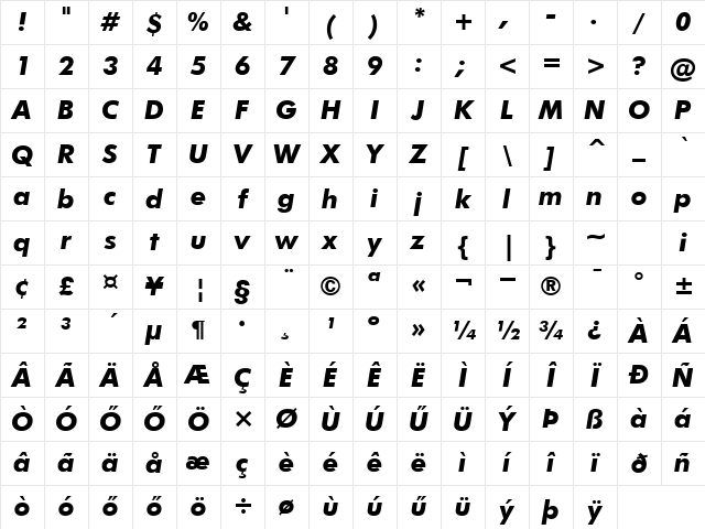 H_Futura BT BoldItalic Character Map