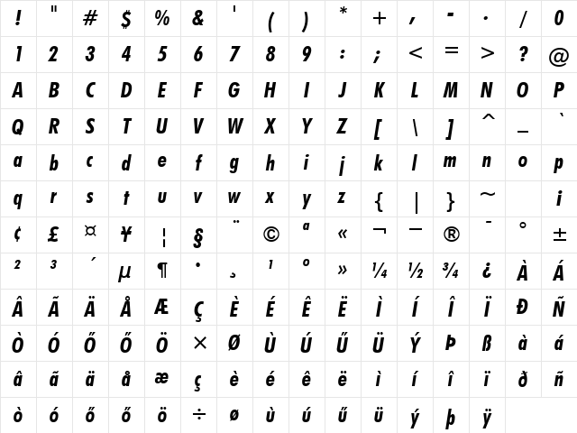 H_Futura Bold Condensed BT Italic Character Map