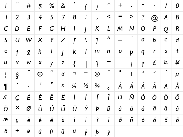 H_Gill Sans Italic Character Map