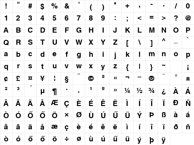 H_Helvetica Bold Character Map