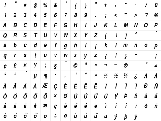 H_Helvetica Narrow BoldOblique Character Map