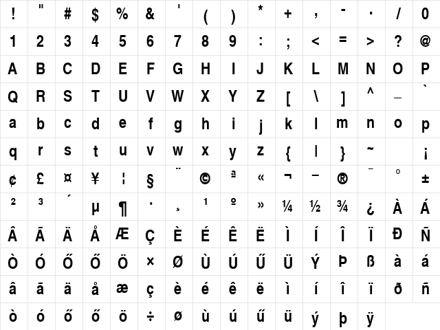 H_Helvetica Narrow Bold Character Map