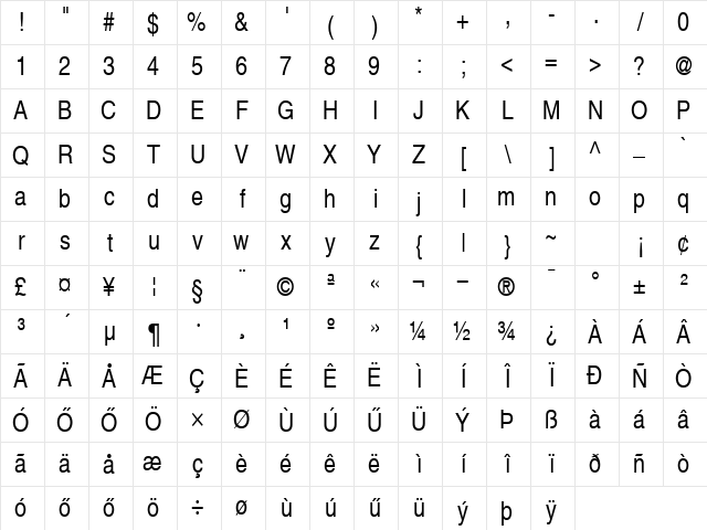 H_Helvetica Narrow Regular Character Map