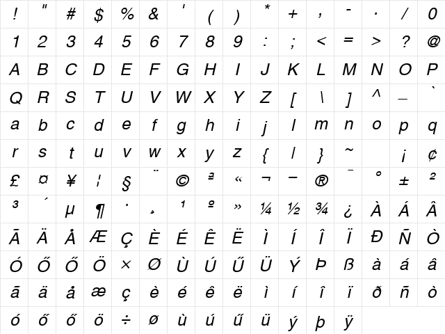 H_Helvetica Oblique Character Map