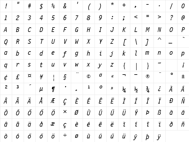 H_Letter Gothic 12 BT Italic Character Map