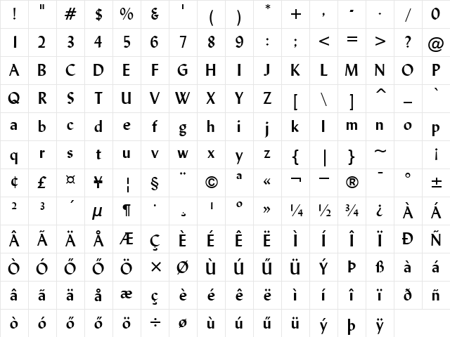 H_Lydian BT Bold Character Map