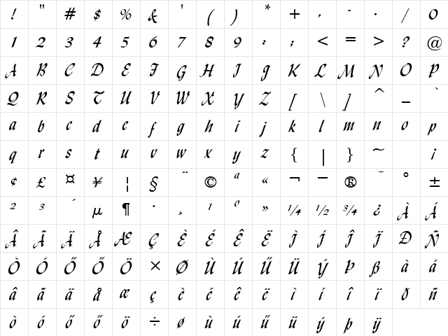 H_Lydian Cursive BT Regular Character Map