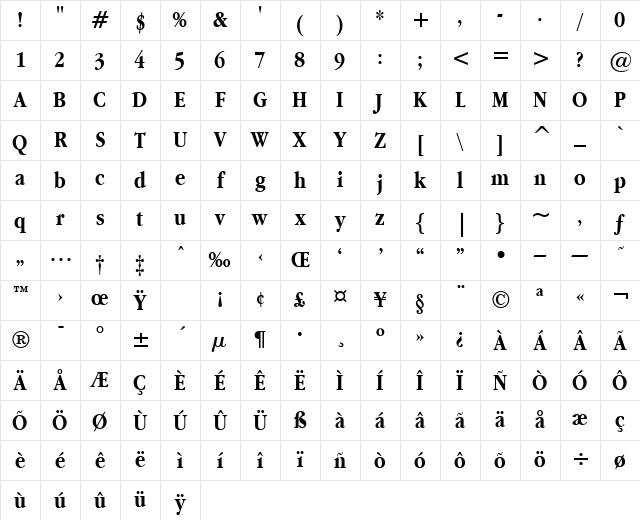 Apple Garamond BT Bold Character Map