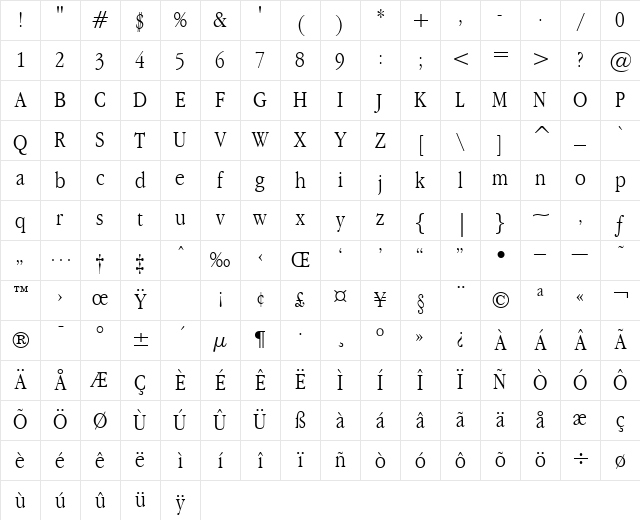 Apple Garamond BT Light Character Map