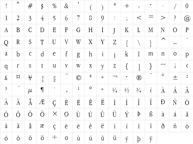Apple Garamond Light Regular Character Map