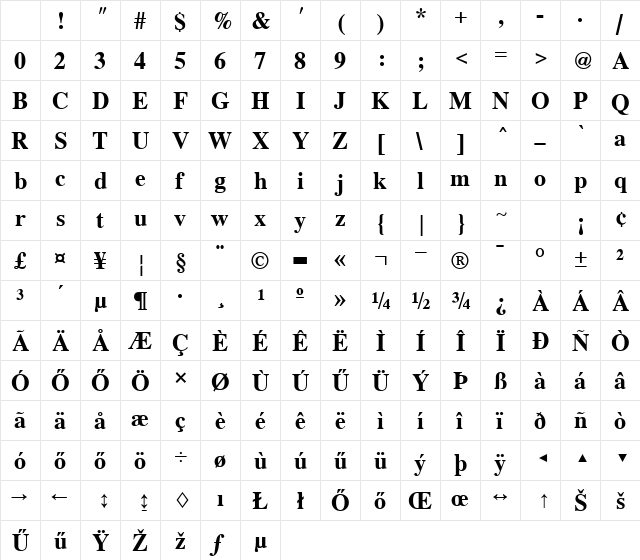 H_Roman Bold Character Map H_Roman Bold Character Map
