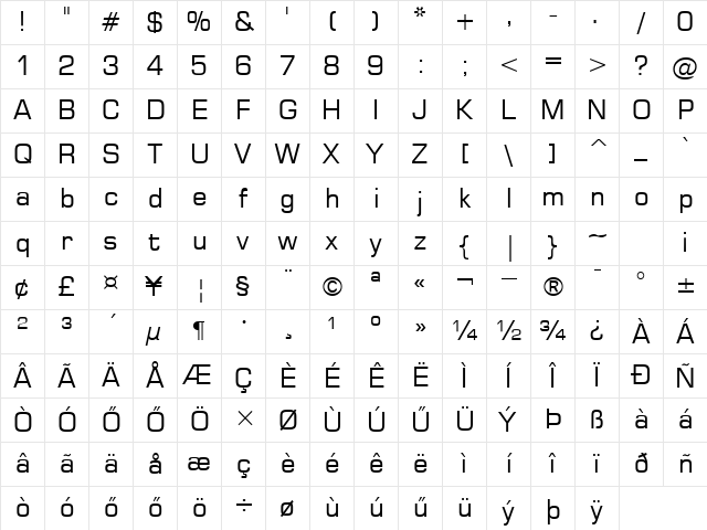 H_Square 721 BT Regular Character Map