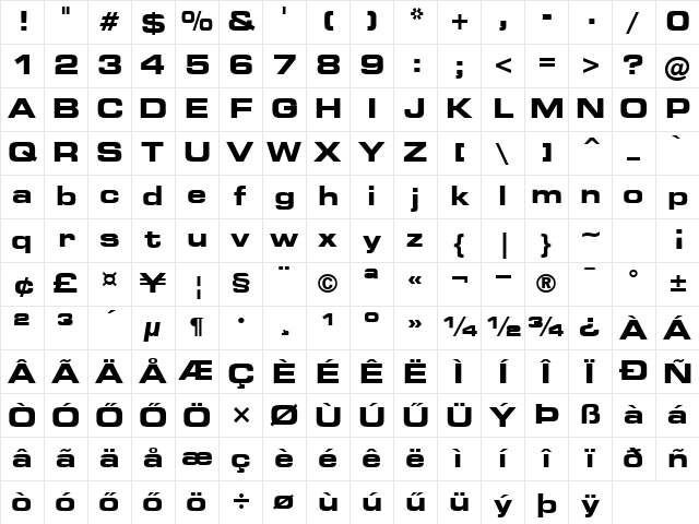 H_Square 721 Extended BT Bold Character Map