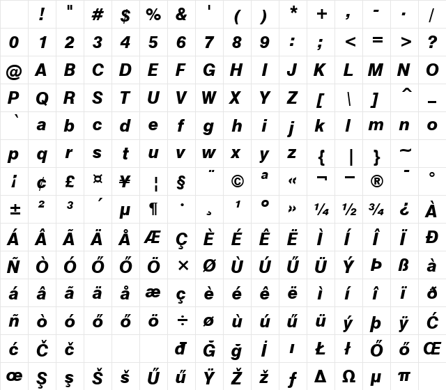 H_Swiss 721 Heavy BT Italic Character Map