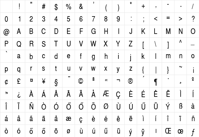 H_SWIT16 Regular Character Map H_SWIT16 Regular Character Map