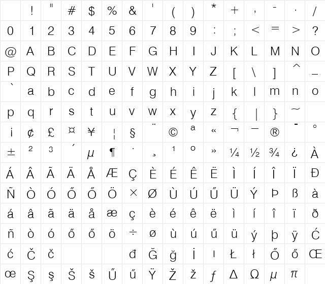 H_Swiss 721 Light BT Regular Character Map